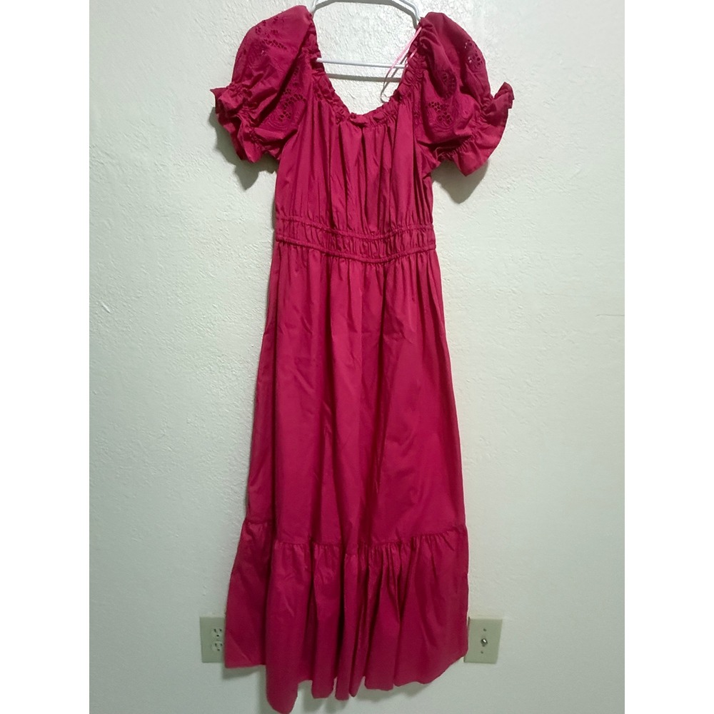 Ashley &‎ Sage Pink Eyelet Puff Sleeve Smocked Tiered Maxi Dress Womens L
